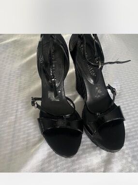 White House Black Market Black Patent Wedge Sandals